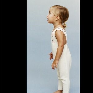 Zara Cream Knit Toddler Jumpsuit with Floral Embroidery
